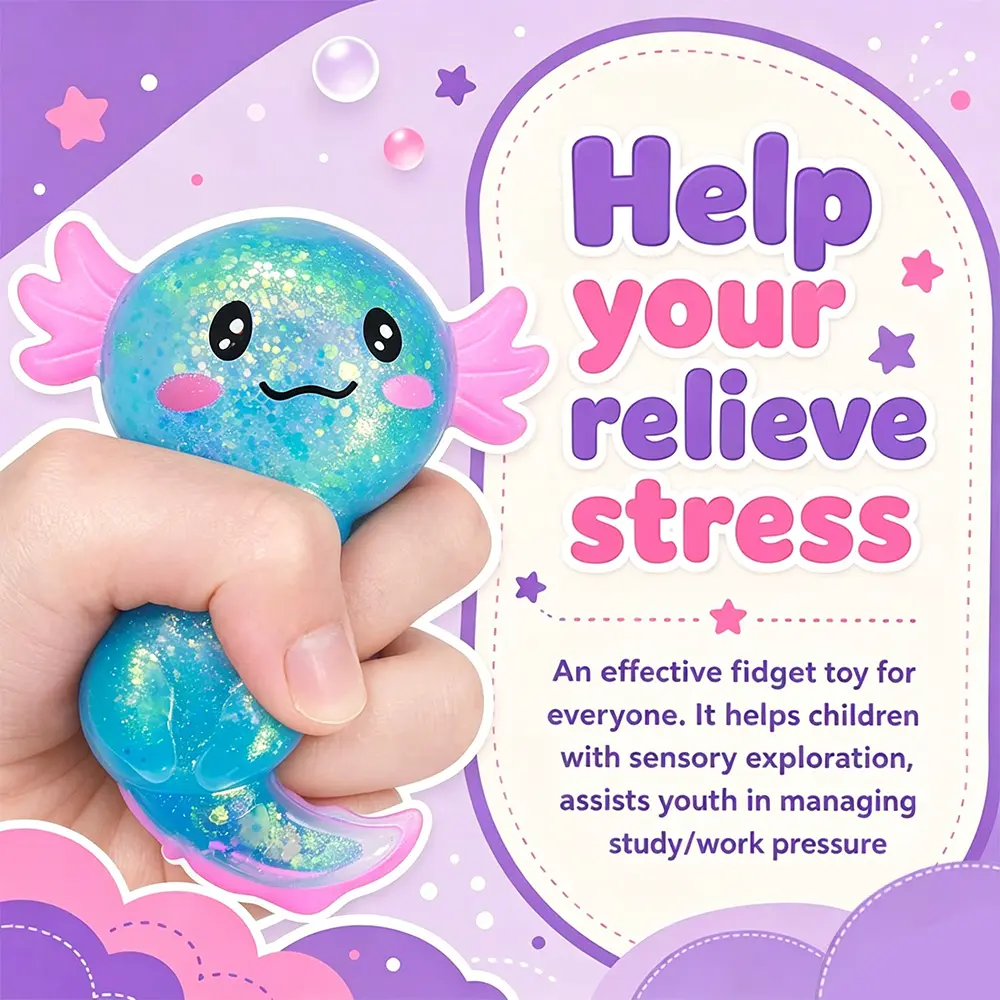 4 Pack Squeeze Toys, squeeze the salamanders to relieve stress, small and cute, with glitter, very bouncy, stress-relieving, cute sensory toys, squeezable, available in multiple colors