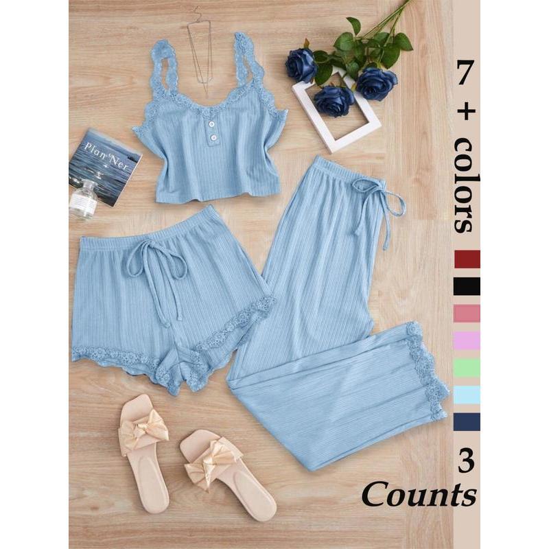 Women's Sleepwear Set, Three-Piece Round Neck Lace Trim Pajamas, Soft Breathable Comfort Casual Home Wear, Tank Top Shorts Long Pants Women's Sleepwear Set, Three-Piece Round Neck Lace Trim Pajamas, Soft Breathable Comfort Casual Home Wear, Tank Top Shorts Long Pants