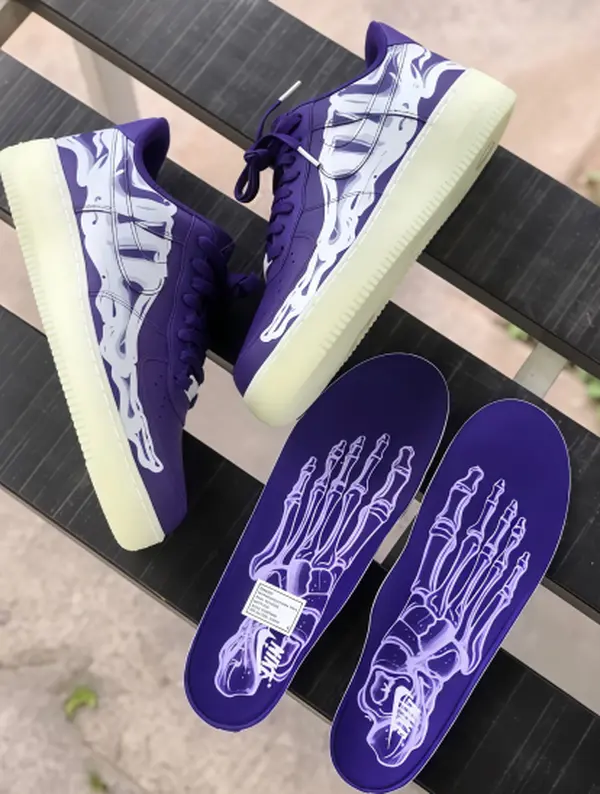 Unisex Low Top Casual Skate Shoes Purple Skeleton Print Leather Sneakers Luminous Outsole Flat Walking Trainers Street Fashion Footwear For Men Women