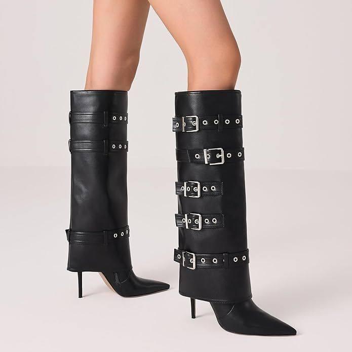 EROCALLI Women Pointed Toe Over The Knee Boot Fashion Pointed Toe Stiletto Heeled Buckle Belts with Zipper Sexy Shoes  Buckle Strap High Heel Thigh Stiletto Red Boots KneHigh Heels High Black Boots Casual Western Club