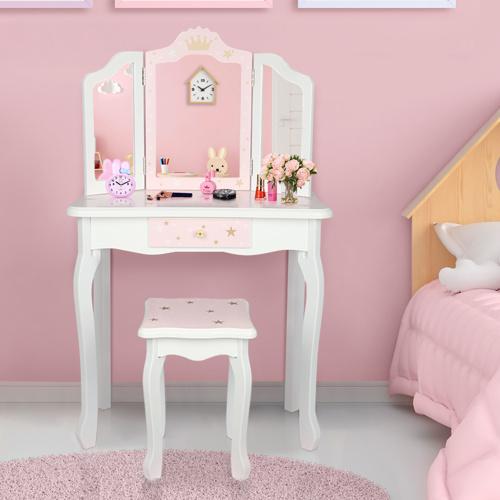 Karlhome Kids Vanity Set with Mirror and Lights and Stool, 5 Storage Drawers, Pretend Play Princess Makeup Desk Dressing Table and Stool Set for Little Girls Age 3+, Macaroon Pink