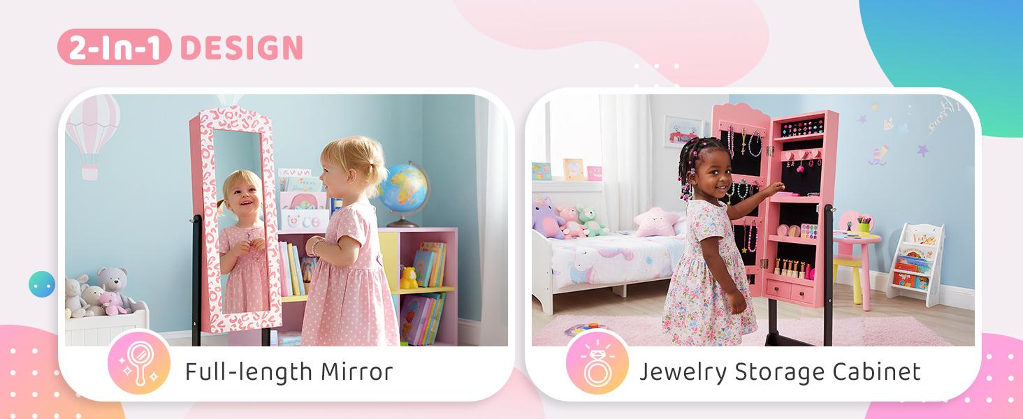 JOYMOR Kids Jewelry Cabinet, Leopard Print Jewelry Box for Girls with Full-Length Mirror, Kids Jewelry Armoire with Storage Drawers (Pink)