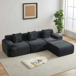 Niccae 114-inch Corduroy Modular Sofa Boneless couch, Featuring an Inlaid Structural Design, three throw pillows, Wider backrest design and Four Freely Configurable Modules.