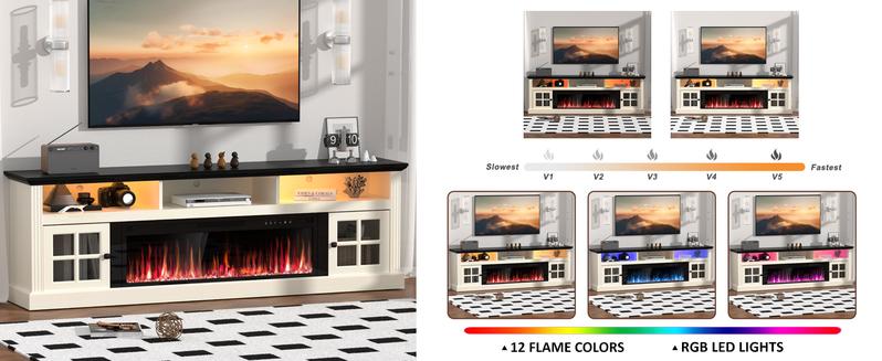 Spurgehom Fireplace TV Stand with Storage - 70" Farmhouse Media Console & Entertainment Center Features 36" Electric Fireplace, LED Lights, and Holds TVs Up to 80 Inches for Living Room