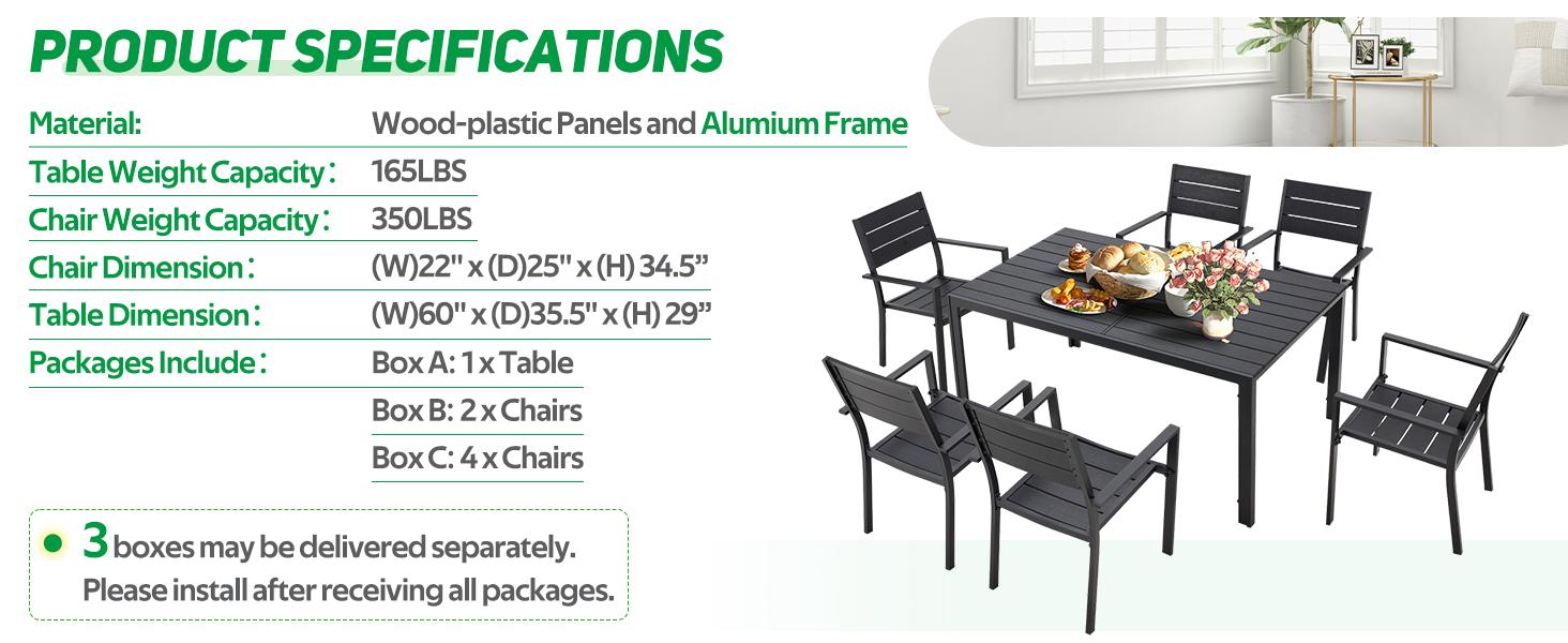AECOJOY 7 Piece Outdoor Dining Set, 60" x 36" Aluminum Frame, Wood-Plastic Tabletop, 150 lbs Capacity, Adjustable Feet Pad, Spacious Design Metal Patio Kit