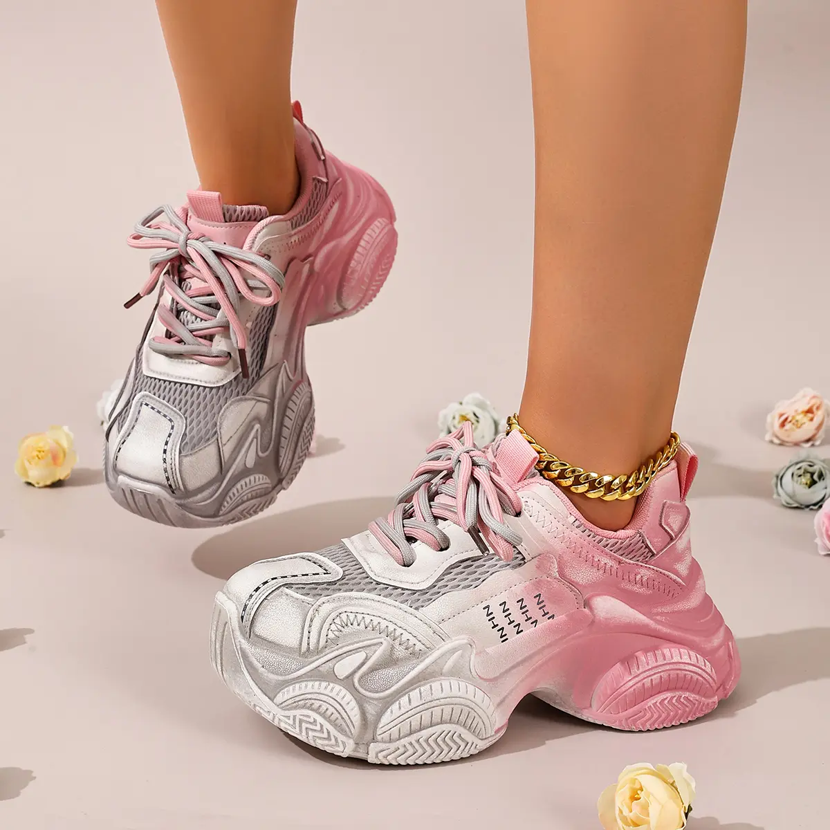 AOPLUS Womens Chunky Platform Sneakers Pink Ombre Dad Shoes. Cute Y2K Fairycore Streetwear. Wide Toe Box Standing All Day Comfort Foot Pain Relief. Anti Slip Thick Sole Metallic Breathable Casual Walking Shoes For Ladies.