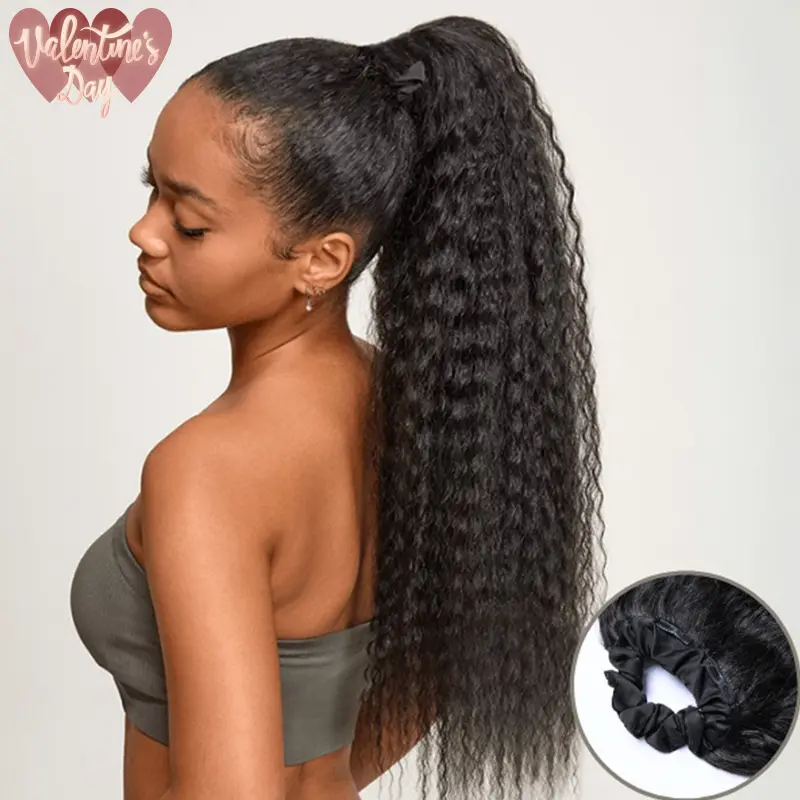 Frodio 100% Human Hair  Natural Black Boho curl Ponytail Hairstyle Extension Ponytail Wig Scrunchie Ponytail #summervibes
