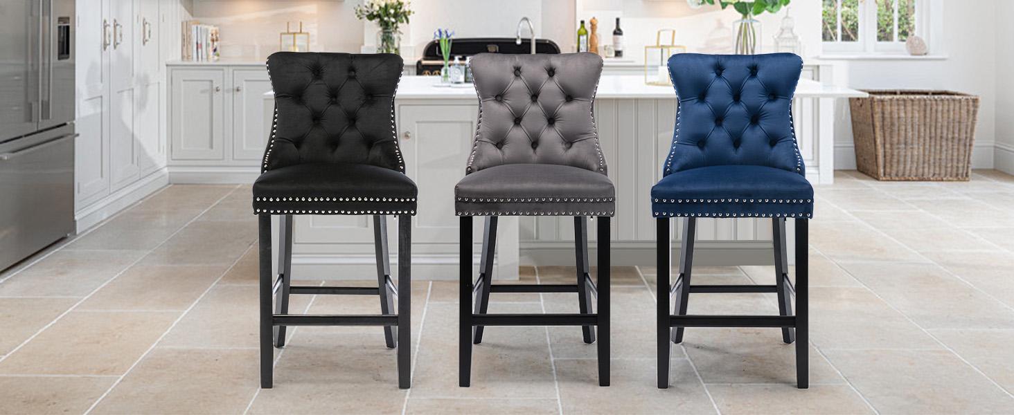 Modern Velvet Upholstered Bar Stools Set with Wood Legs,Armless Counter Height Bar Chairs for Kitchen Island, Pub