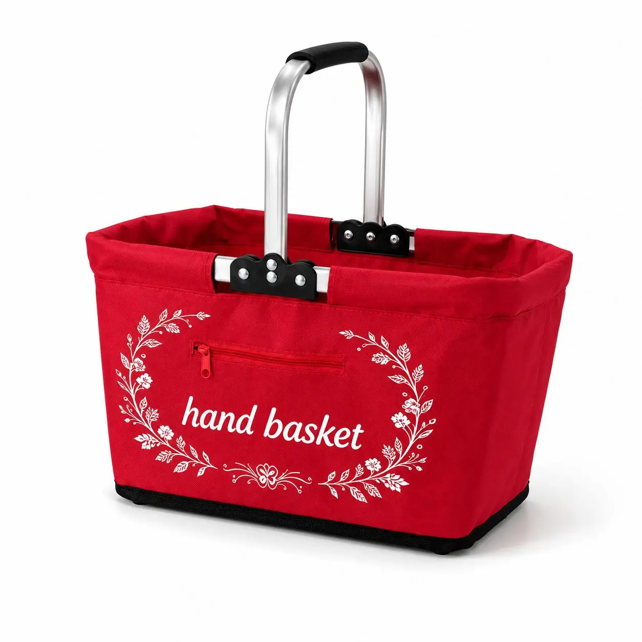 Red Foldable Shopping Basket with Aluminum Handle & Front Zip Pocket, 16.5-Inch Grocery and Picnic Carry Basket