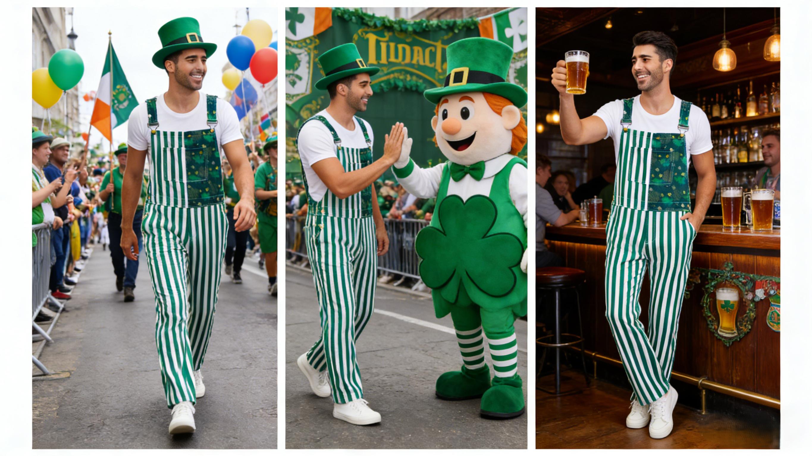 Yuanbang St Patrick's Day Overalls for Men Lucky Irish Romper Spring Green Stripes Print Bib Stretch Denim Coveralls Adjustable Straps Jumpsuit Holiday Menswear Festival Beer Party Mardi Gras Outfits Dad Gifts Football Outwear SpringStatements