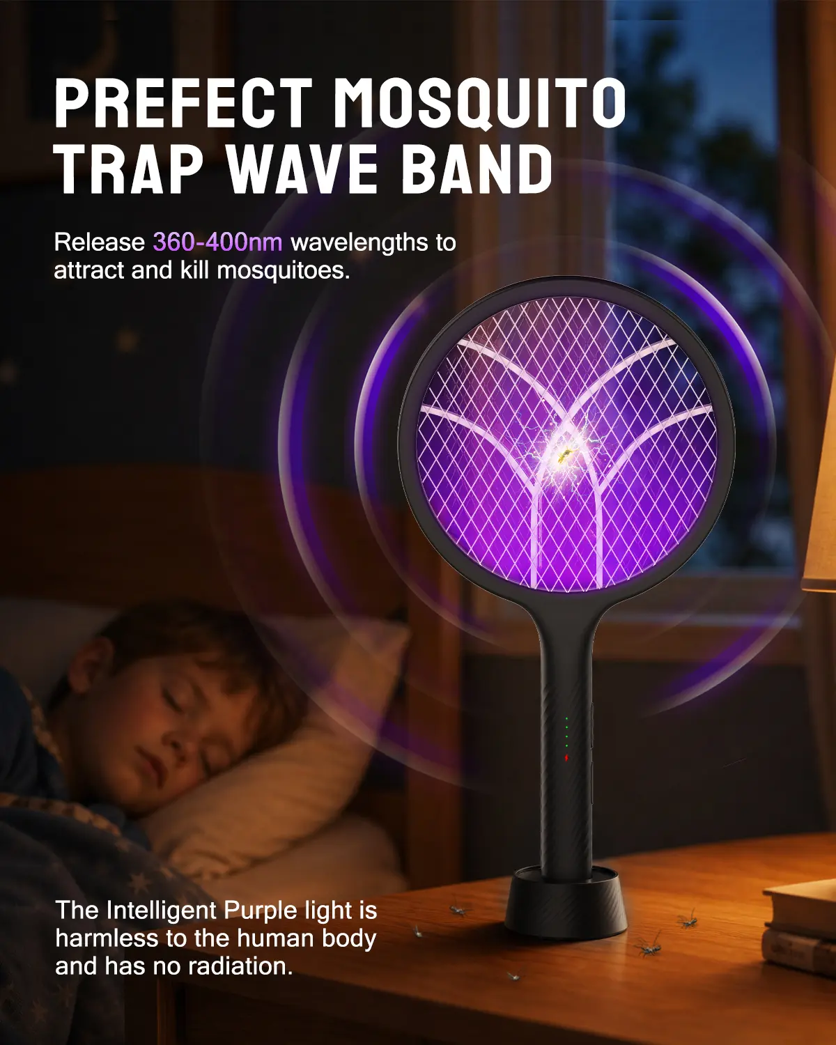 Rechargeable 4000V Power Pest Control Bug Zapper Racket - Electric Fly Swatter Mosquito Killer, 2-in-1 Dual Modes, Purple Light, 1800mAh, USB Charging Base, 3-Layer Safety Mesh, Portable Size, Lightweight, Home, Camping, Compact