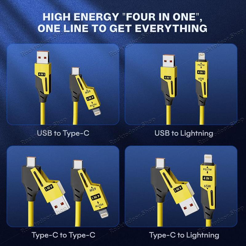 4 in 1 Spring Fast Charging Cable, 65W USB-C PD Multi Fast Charging, Universal USB Charger Cable 1.2m/4ft Coiled Retractable Cable  Fast Car Charging & Data Sync for iPhone Samsung Laptop