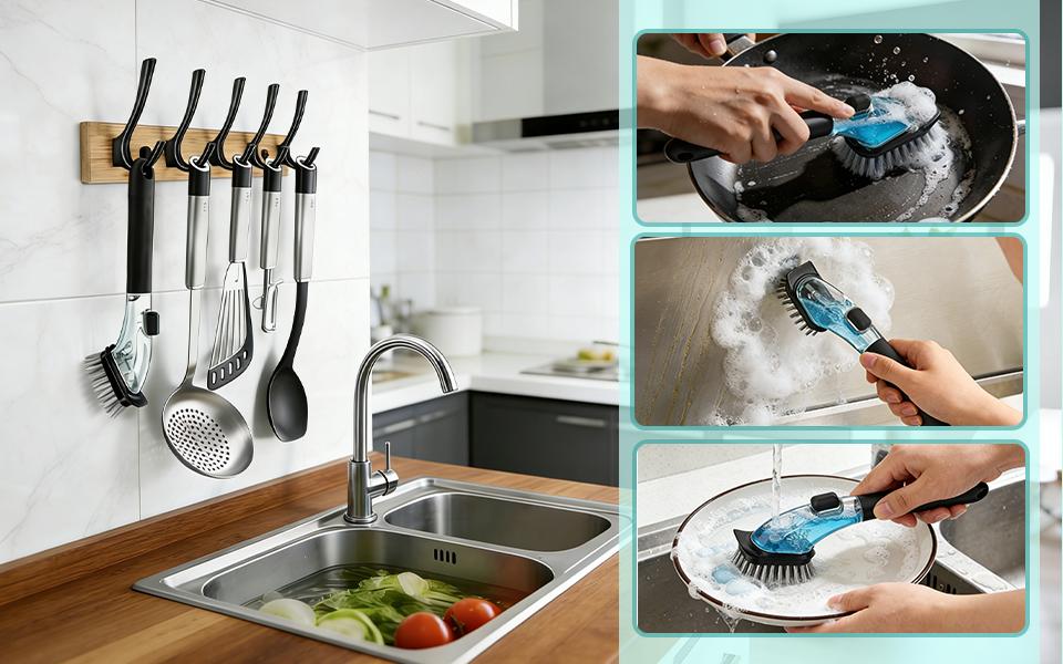 Soap Dispensing Dish Brush with Replaceable Head – Non-Scratch Nylon Bristles, Built-in Scraper & Soap Reservoir (70ml), Ergonomic Grip for Non-Stick Pans, Includes Non-Skid Holder