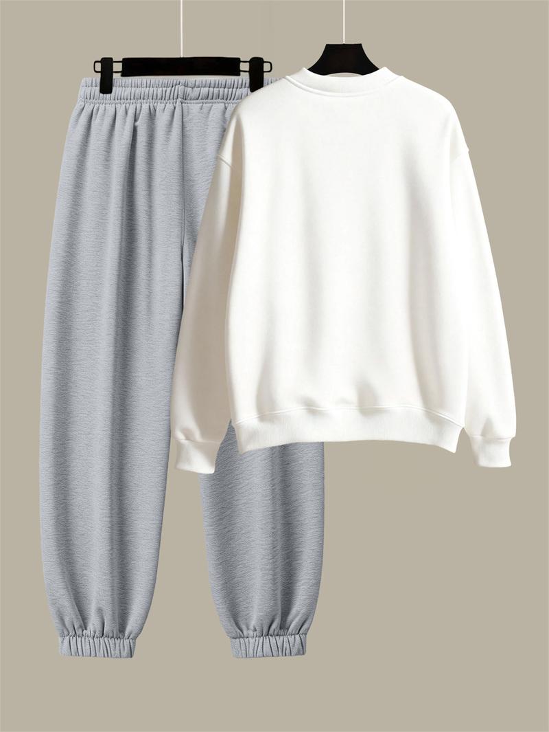 Men's Cotton Solid Color Casual Tracksuit Set Loose Fit Crew Neck Sweatshirt with Matching Jogger Pants for Fall Winter Comfortable Menswear Outfit for Outdoor Activities Sporty Commute Fitness and Relaxed Everyday Wear