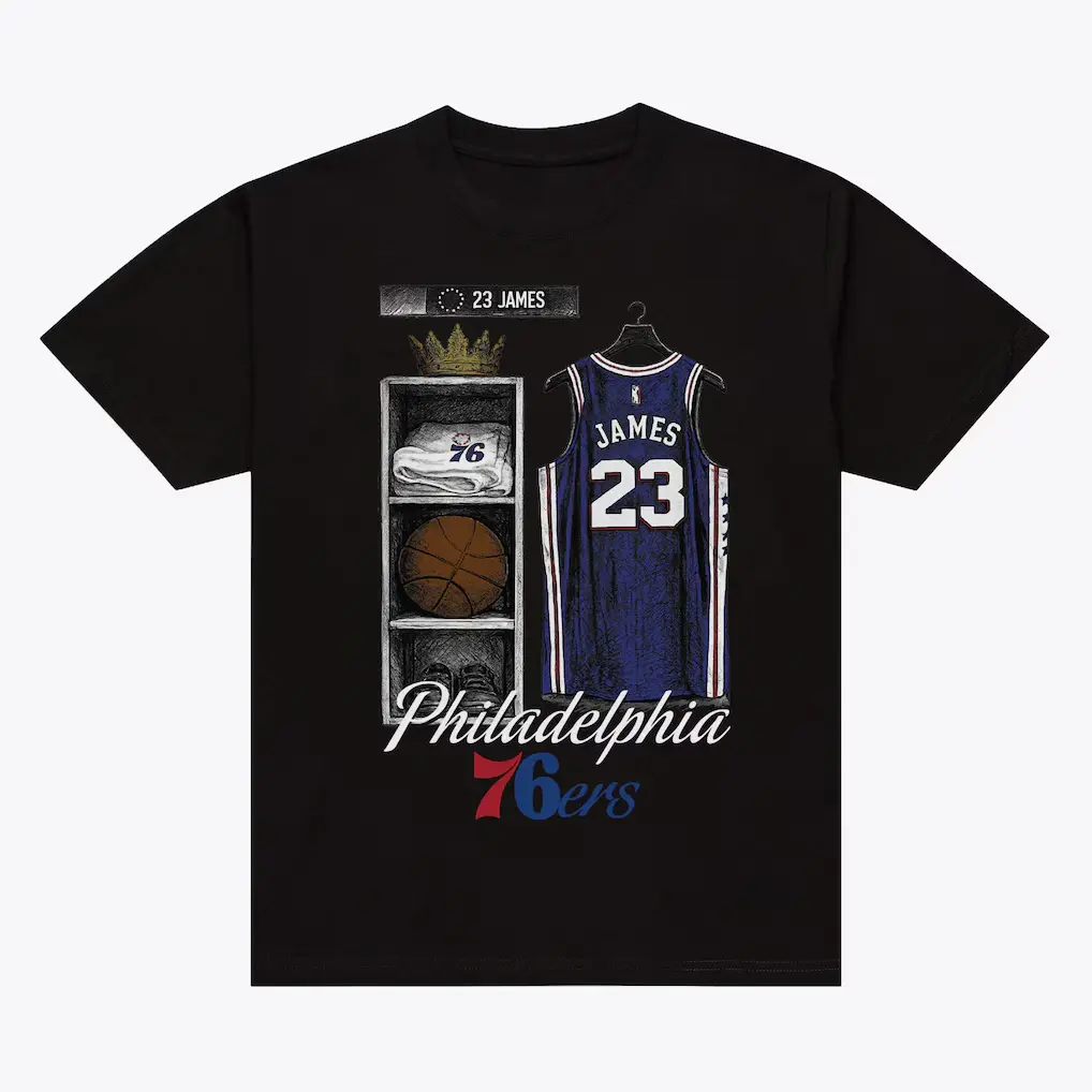 Women's LeBron James 76ers Locker Room Graphic T-Shirt - Basketball Legend Inspired Vintage Shirt, Philadelphia Sports Streetwear, Retro Athletic Short-Sleeve Top, Casual Fan Gift, Graphic T Shirts, Vintage Shirts