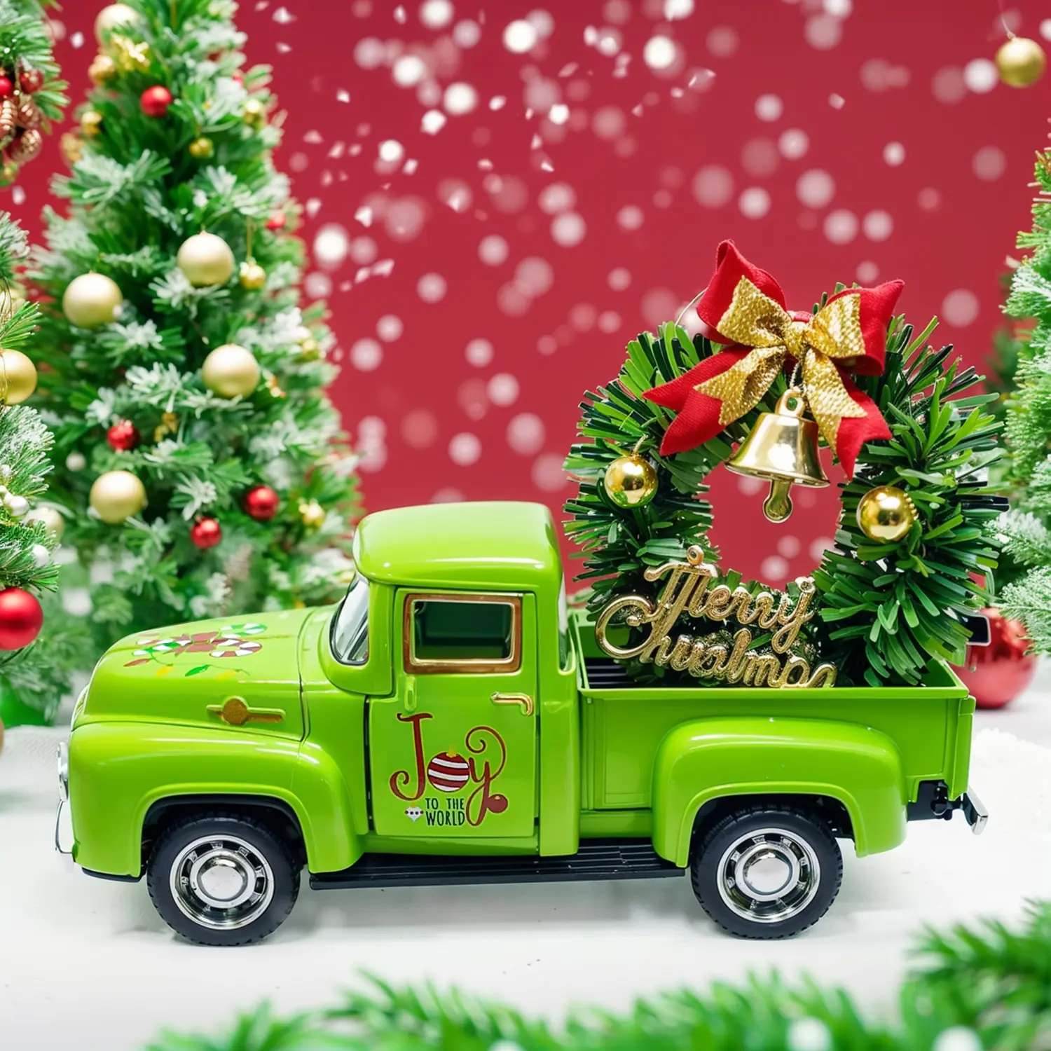 Classic Green Car Christmas Table Decorations, Home Decor Ornaments, Holiday Ornament, Set of 2 or 3 Resin Ornaments with Elderly Man Snowman Wreath Design