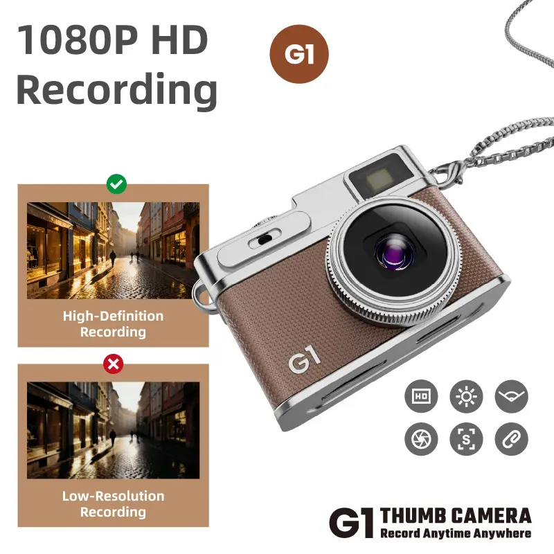 Retro Unisex Clip-On Digital Vlogging Camera - 1080P HD Photo/Video Recorder, 17g Lightweight Compact Camcorder, Long Chain Necklace, IPS Screen, LED Fill Light, Rechargeable USB Charging, Retro Film Vibes (No Memory Card)