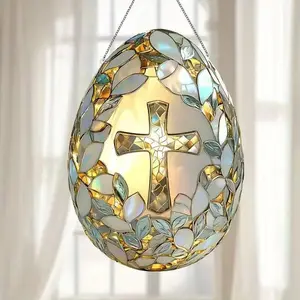 Easter Egg Stained Acrylic Suncatcher – Christian Cross Window Hanging, Faith Inspired Easter Decor, Colorful Spring Sun Catcher Ornament