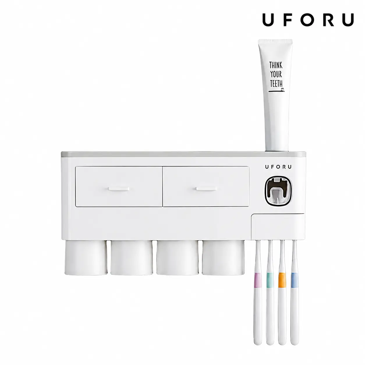 UFORU Wall-Mounted Bathroom Toothbrush Holder with Toothpaste Dispenser - 2-4 Cup Capacity, Magnetic Marble Glass Design, Cosmetic Drawers, Large Trays, Accessory Bottles, Bathroom Organizer, Vanity Accessories, Home Essentials Gift, Wall Mount, Bathroom