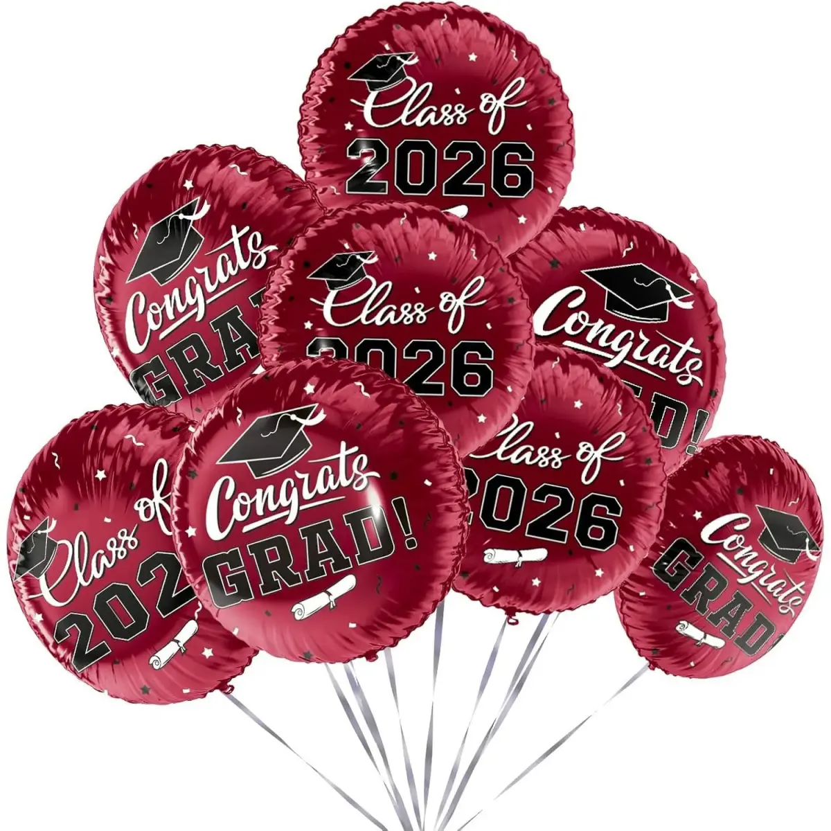Maroon Graduation Accessory Set, 12-Piece 18-in Elegant Foil Balloons with Glue, Double-Sided Reversible 'Congrats Grad' Design for Class of 2026 Party Trophies & Awards Decor, 18-Inch, Double-Sided Design, Reversible Design