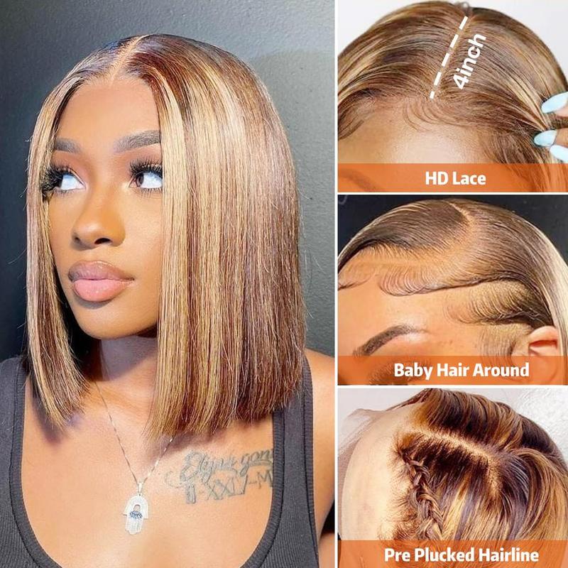 Hihmarm Ombre 4/27 Bob Wig Human Hair Highlight Honey Blonde Lace Frontal Bob Wigs 13x4 Straight Transparent Lace Front Wig Short Wig Human Hair Pre Plucked 14 Inch