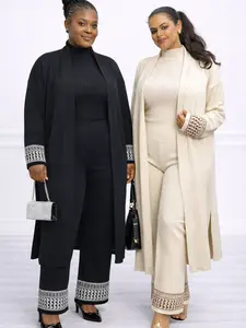 Ribbed Knit 3-Piece Lounge Chic Set (Top + Pants + Long Cardigan)