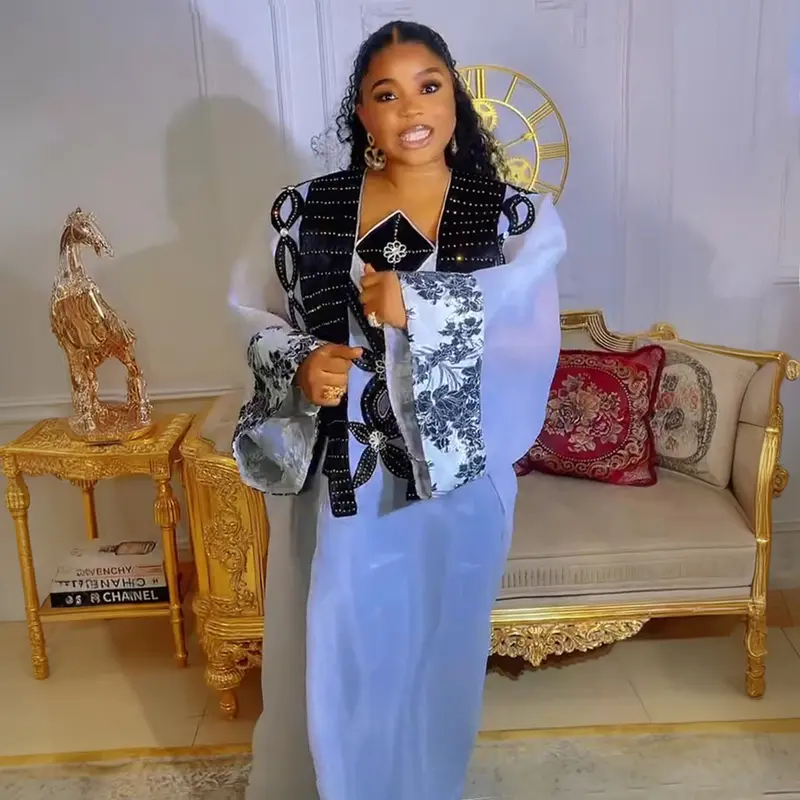 African Women's Embroidery Organza maxi Bubu Dress 2026 Light blue Plus Size Rhinestone African Style Gown 3 Pieces Ladies Clothes for All Seasons wedding guest valentine's day vacation goddess