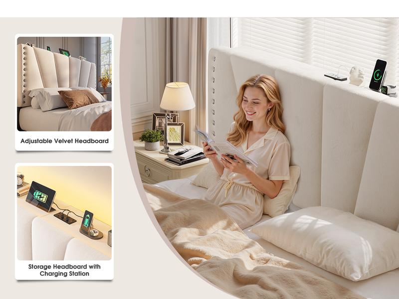 Bed Frame King Size with LED lIghts & Charging Station, Upholstered Queen Bed Frame with Shelves, Luxury Bedframe, Bedroom FurnitureNo Mattress, Noise Free, Holds 880LBS, Wood Slats & Metal Frame, Beige, Gray