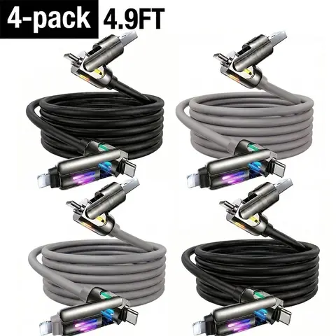 240W Silicone 4-in-1 Super Fast Charging Cable - PD 3.1 Support, Multi-Port C/Lightning/USB-A, 4.9FT Tangle-Free LED Data Cable with EU Type Plug for Cellphones, Car Use