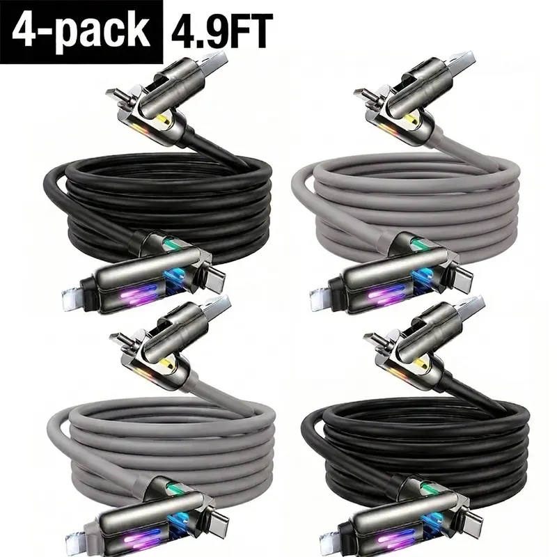 240W Silicone 4-in-1 Super Fast Charging Cable - PD 3.1 Support, Multi-Port C/Lightning/USB-A, 4.9FT Tangle-Free LED Data Cable with EU Type Plug for Cellphones, Car Use