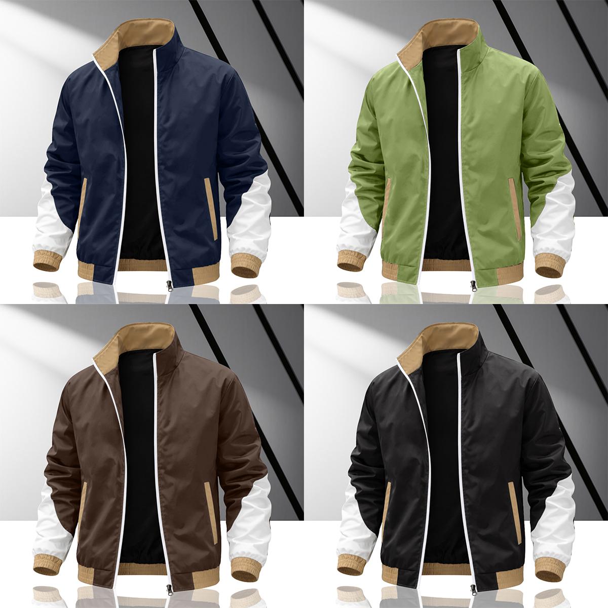 Men's colorblock patchwork jacket, windproof stand collar jacket design, durable fabric, suitable for sports and casual wear, skateboarding, street style, daily outings, campus life, commuter fit