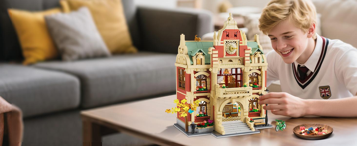 University Club House Building Set with Light,1629PCS City Campus Architecture Model with Painting Drama Baking Music Club, Home Decor Construction Building Block Gift for Adults Boys Girls 12+