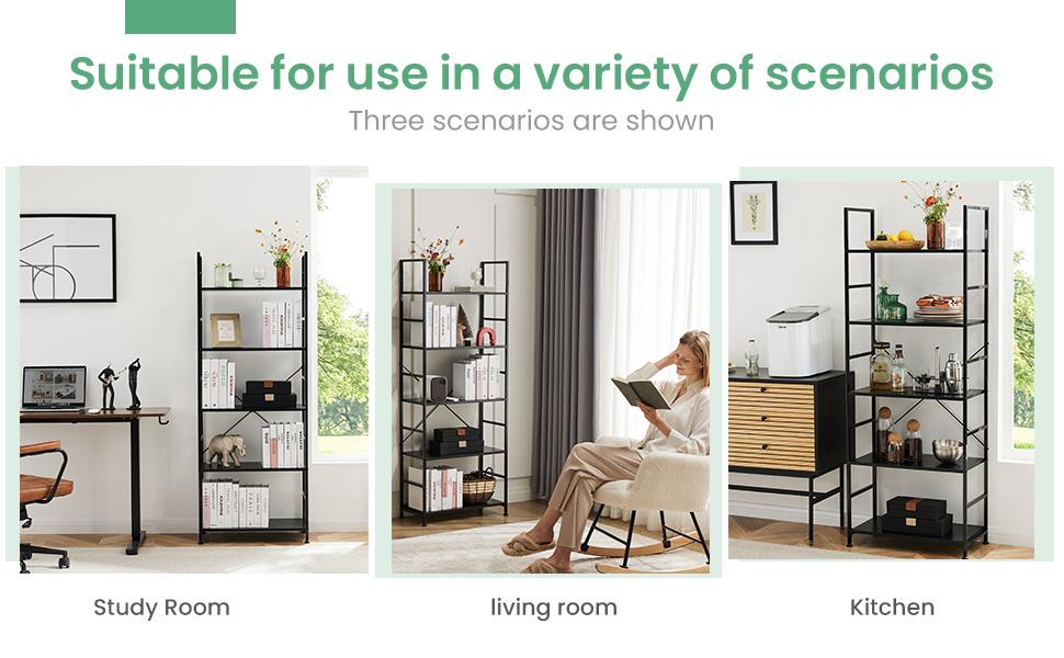 HomeSquad 5-Tier Tall Bookshelf: Classically Modern Storage Organizer for CDs, Movies, and Books in Home Office, Living Room, Kitchen, and Bedroom. Metal Racks