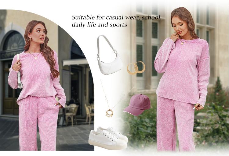 AUTOMET Vintage Waffle 2 PIECE SET WOMEN Lounge Long Sleeve Tops Fitted with Crew Neck & Relaxed Pants