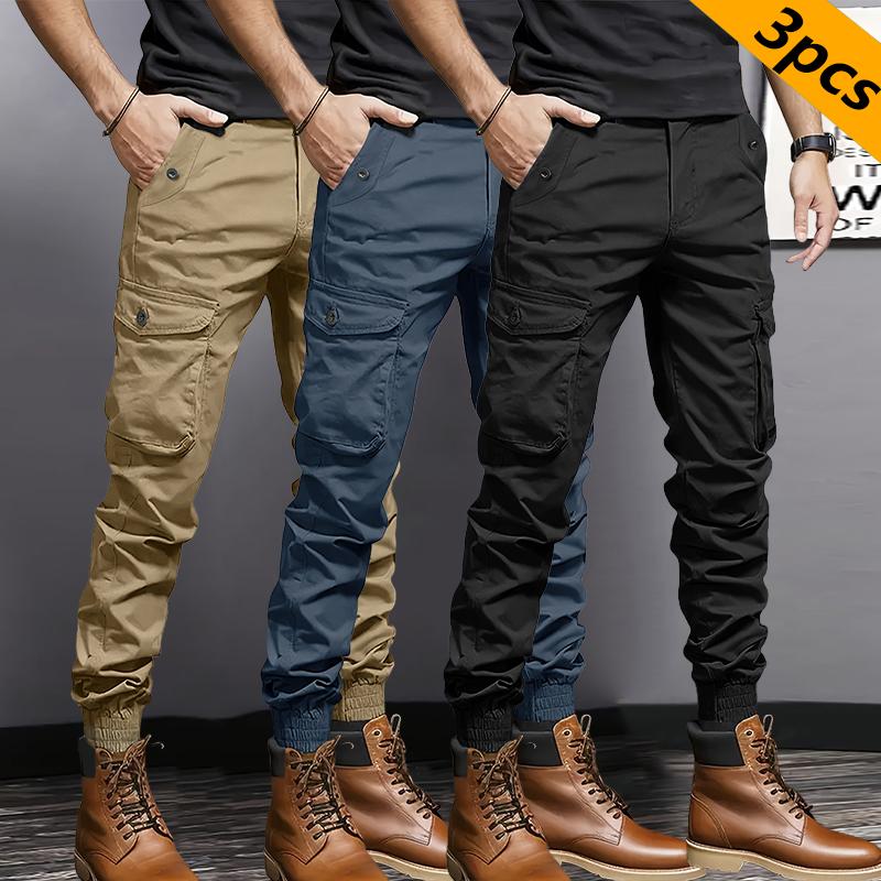 3 Pack Men's Heavyweight Multi-Pocket Work Pants with Large Cargo Pockets, Drawstring Elastic Waist Tactical Workwear - Regular Fit All Season Soldier Style, Suitable for Halloween Parties & Everyday Wear/Hiking/Construction Work - Durable Non-Stretch Fab