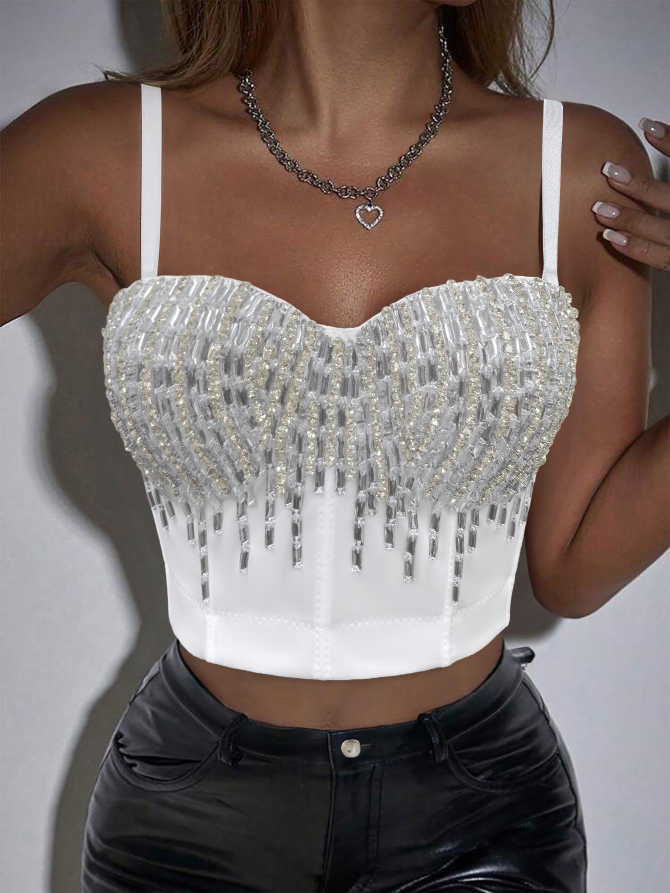 ASANDY Women’s Rhinestone Fringe Bustier Crop Top, Sweetheart Neck Spaghetti Strap Beaded Party Top for Club Nights & Date Nights