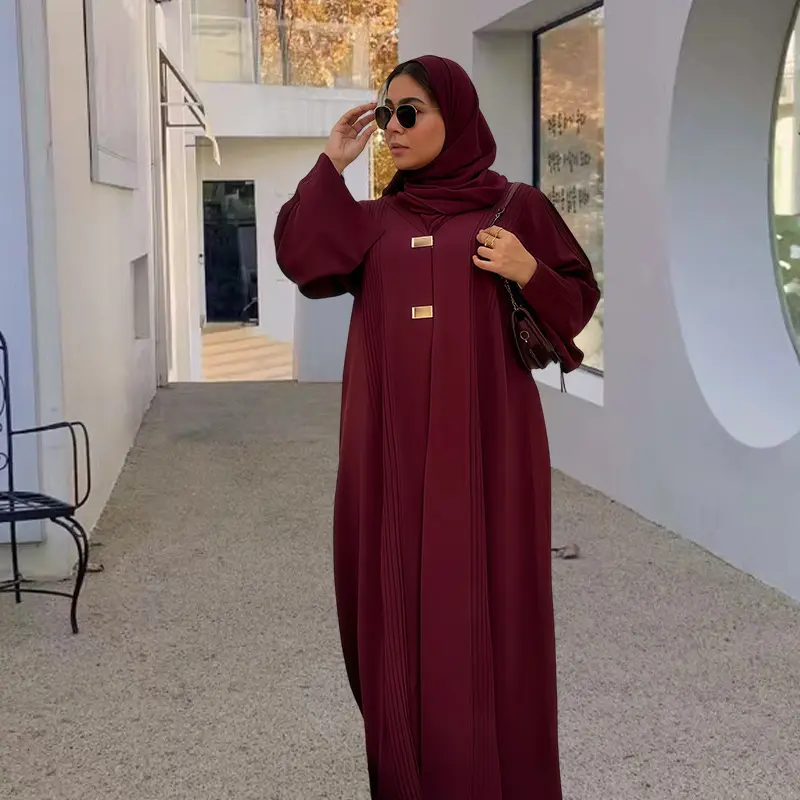 Women's Elegant Solid Color Abaya - Loose-Fit Long-Sleeve Polyester Kaftan Dress with Pullover Ease & Flowing Long Skirt, Lightweight Minimalist Preppy Modest Holiday Wear for All Seasons