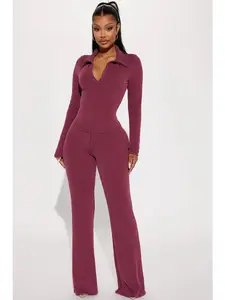 Josie Ribbed Long Sleeve Set - Burgundy Collar Flare Pants Elastic Waistband Stretch 76% Polyester 21% Rayon 3% Spandex