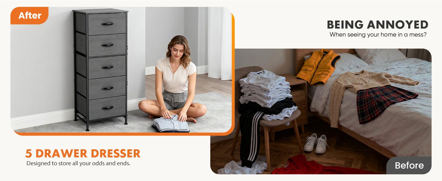 5 Drawer Dresser with Fabric Bins, Sturdy Steel Frame and Wood Top, Storage Organizer Chest for Bedroom, Closet, Hallway