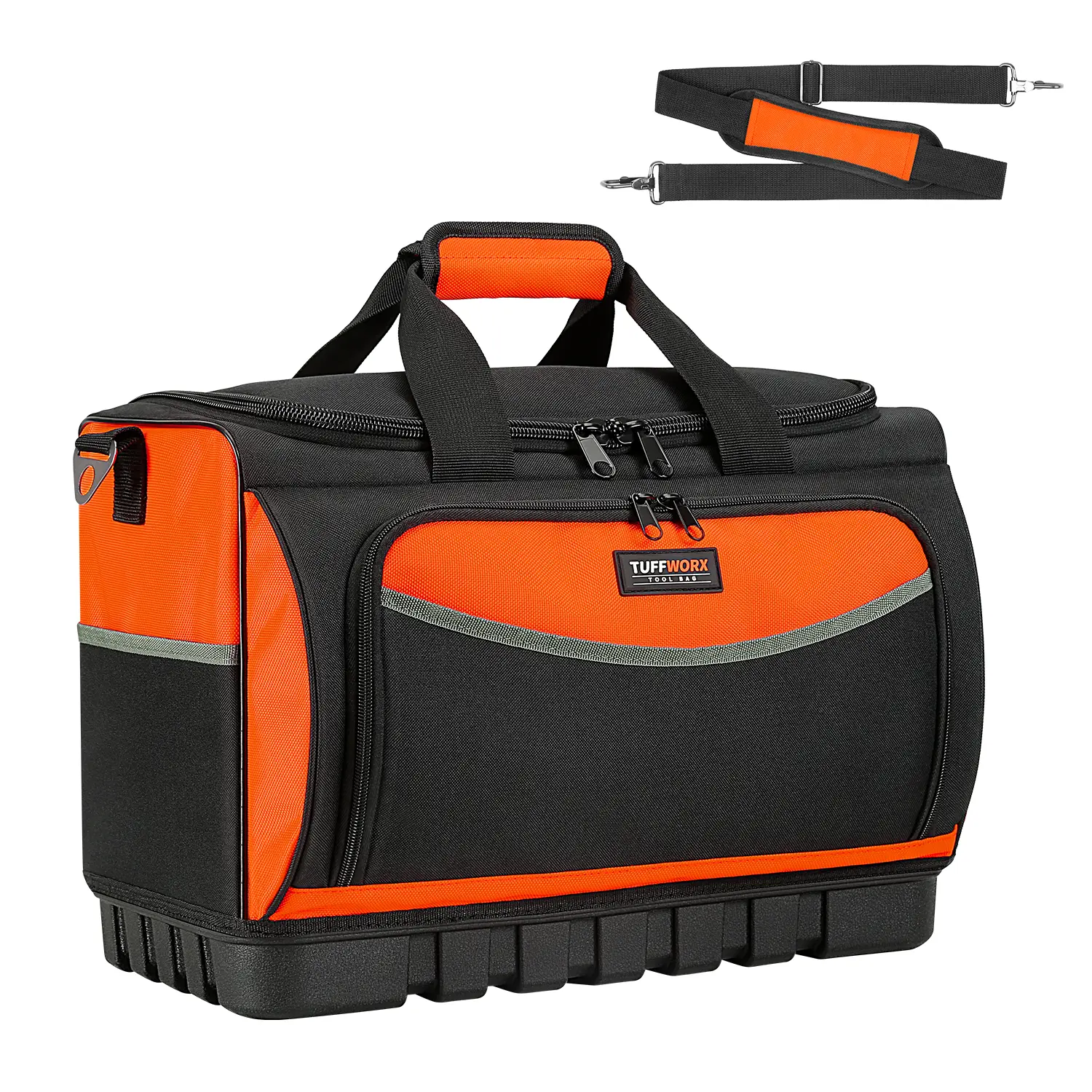 TUFFWORX Large Tool Bag, Mouth Tool Bag with Water Proof Molded Base, 18 Pockets, 17.7x 12.6x 11 inch, Heavy Duty 600D Fabric, Black and Orange Tool Bag Organizer Tool Pouch