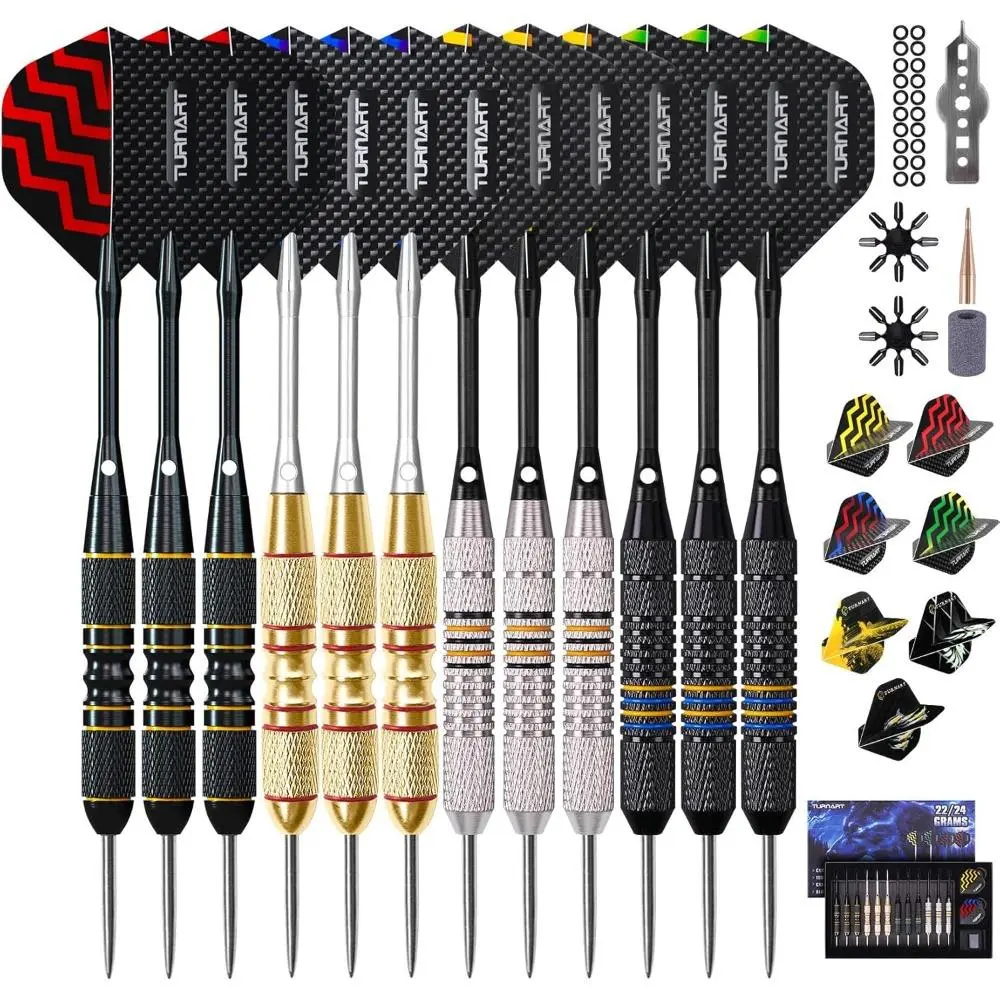 Professional Metal-Tip & Steel-Tip Darts Set (12pcs, 22/24g) with Cylindrical Design, Deeper Rear Grooves, Stylish Case, Aluminum Shafts, Extra 9 Flights, 22/24 Grams