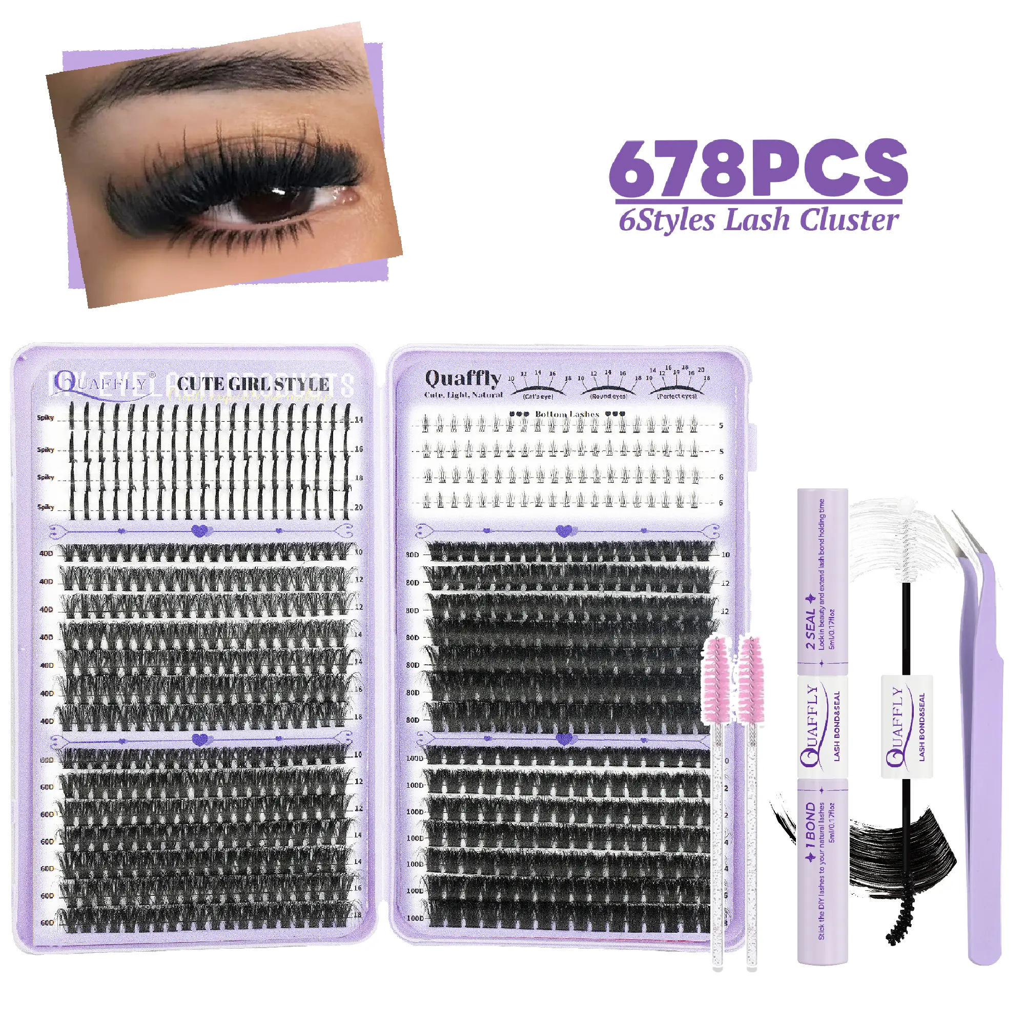 678PCS Lash Clusters With Spikes Wispy Eyelash Clusters Kit 14-20mm Spikes Lash ClustersVolume Cluster Eyelash Extensions Lash Clusters Kit Individual Lashes With Lash Bond And Seal (40D 60D 80D 100D,10-18mm)