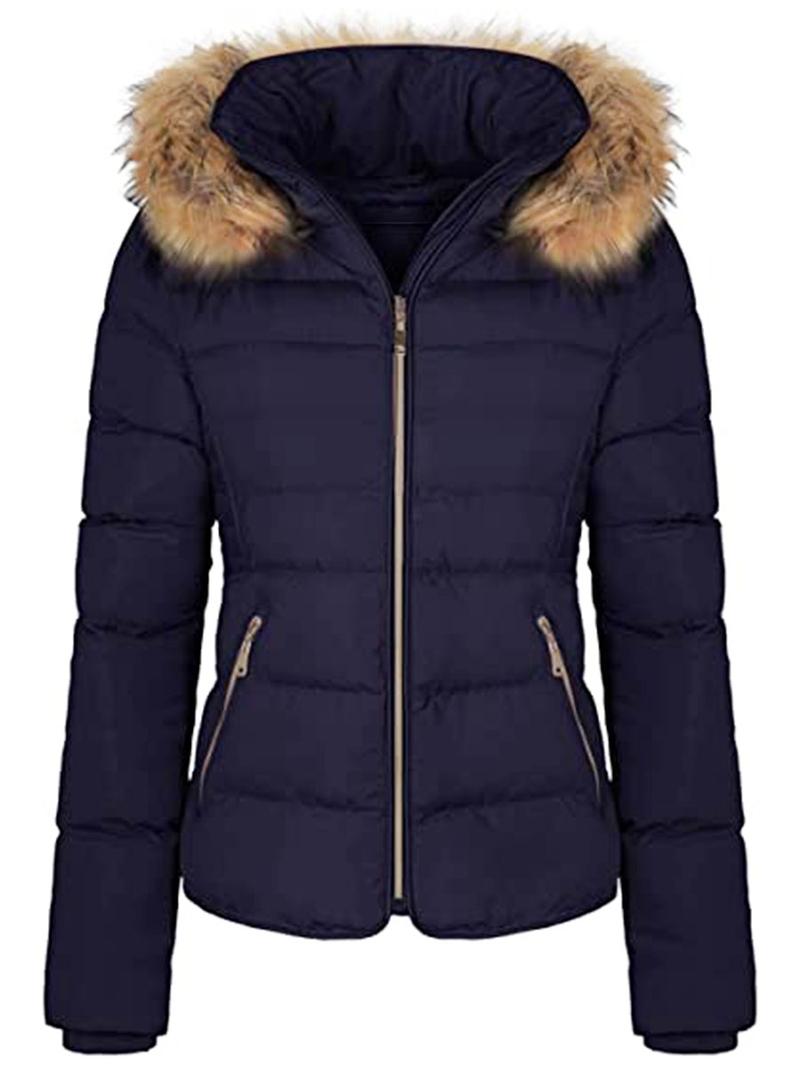 Women's Winter Quilted Puffer Coat Fleece Lined Warm Jacket with Removable Faux Fur Hood and Zipper Womenswear Comfortable