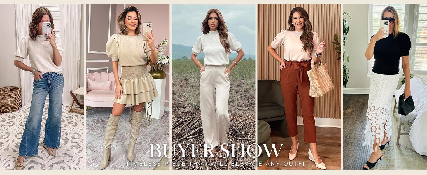 Imily Bela Women's Puff Short Sleeve Sweater Tops Spring Summer Trendy Crew/Square/V Neck Casual T Shirts Blouses Knitwear Comfort Basic Minimalist