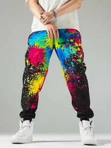 Men’s Casual Street Style Stretch Jogger Pants with Design-Forward Graffiti Color‑Print Outdoor Sportswear