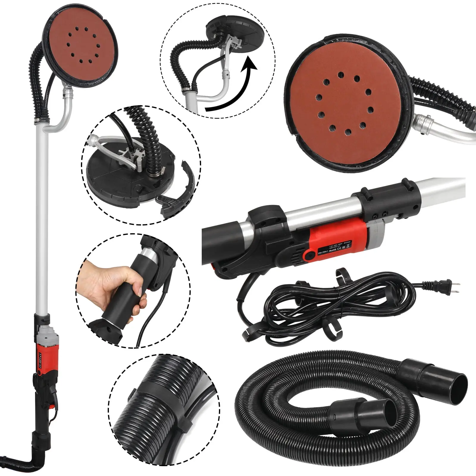 summerwins 1x 800W Heavy-Duty Commercial Electric Drywall Sander, 10.89lbs Lightweight Portable Orbital Polisher, Variable Speed (1000-2000 r/min) Power Tool Kit with Handle, Easily Reachable Design, Superior Finish Sanding Pads, 1x Wrench