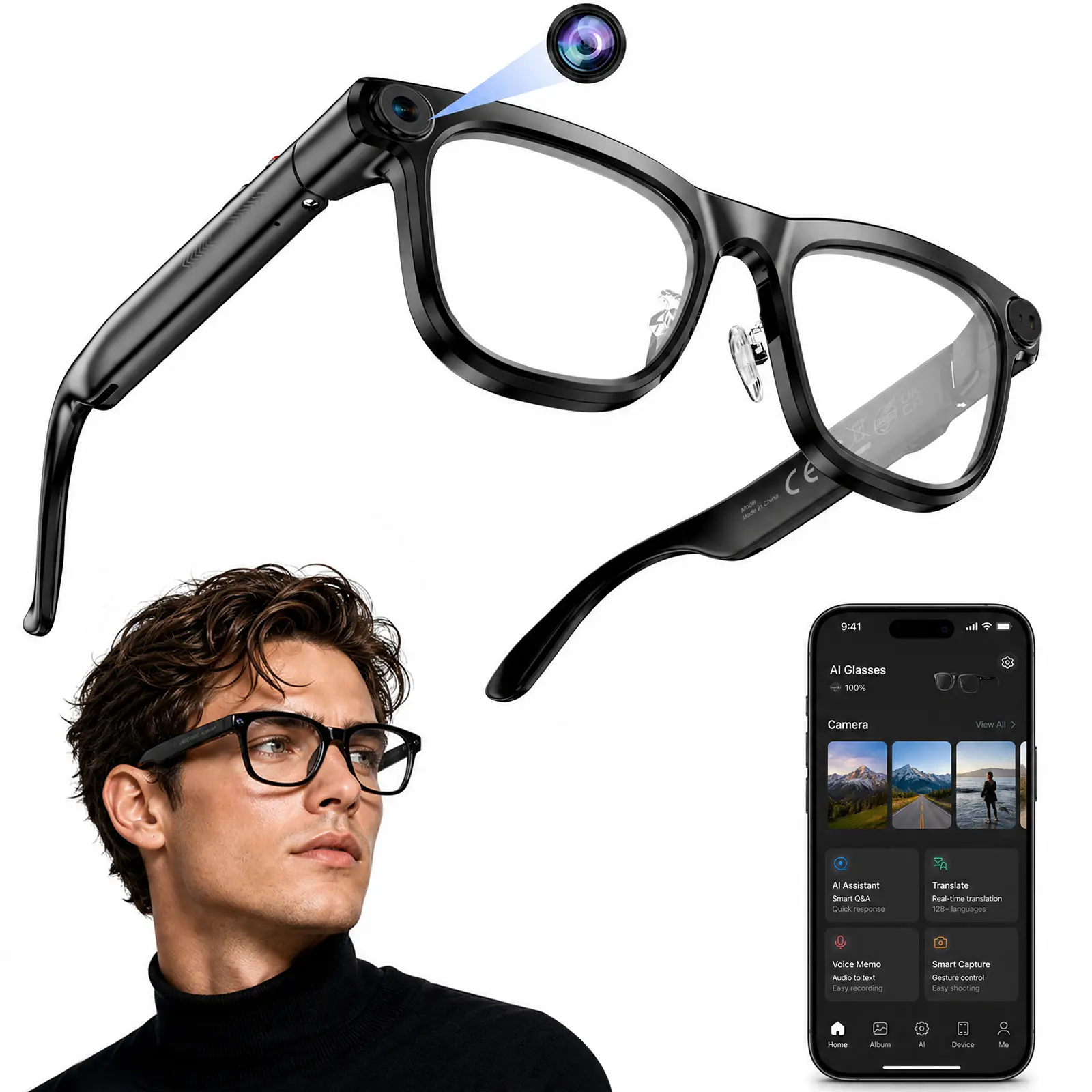 Wearable Rechargeable AI Smart Camera Glasses - 8MP Camera, 1080P HD Video Recording, Wireless Bluetooth Audio, AI Translation, Voice Assistant, 16Gb Storage, WiFi App, IP65 Waterproof Electronic for Travel, Cycling, Phone, Local