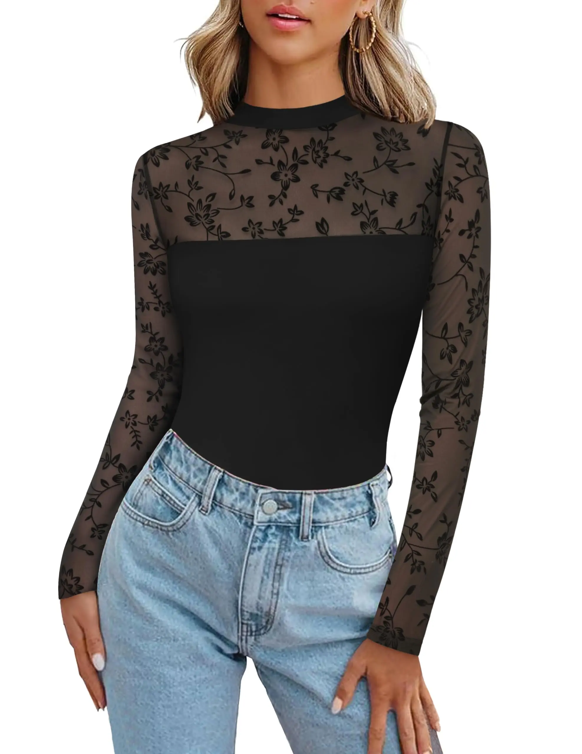 Women’s Long Sleeve Gothic Lace Tops Mesh Sheer Crew Neck Slim-Fitting Blouse for Women's Sexy Fall Going Out