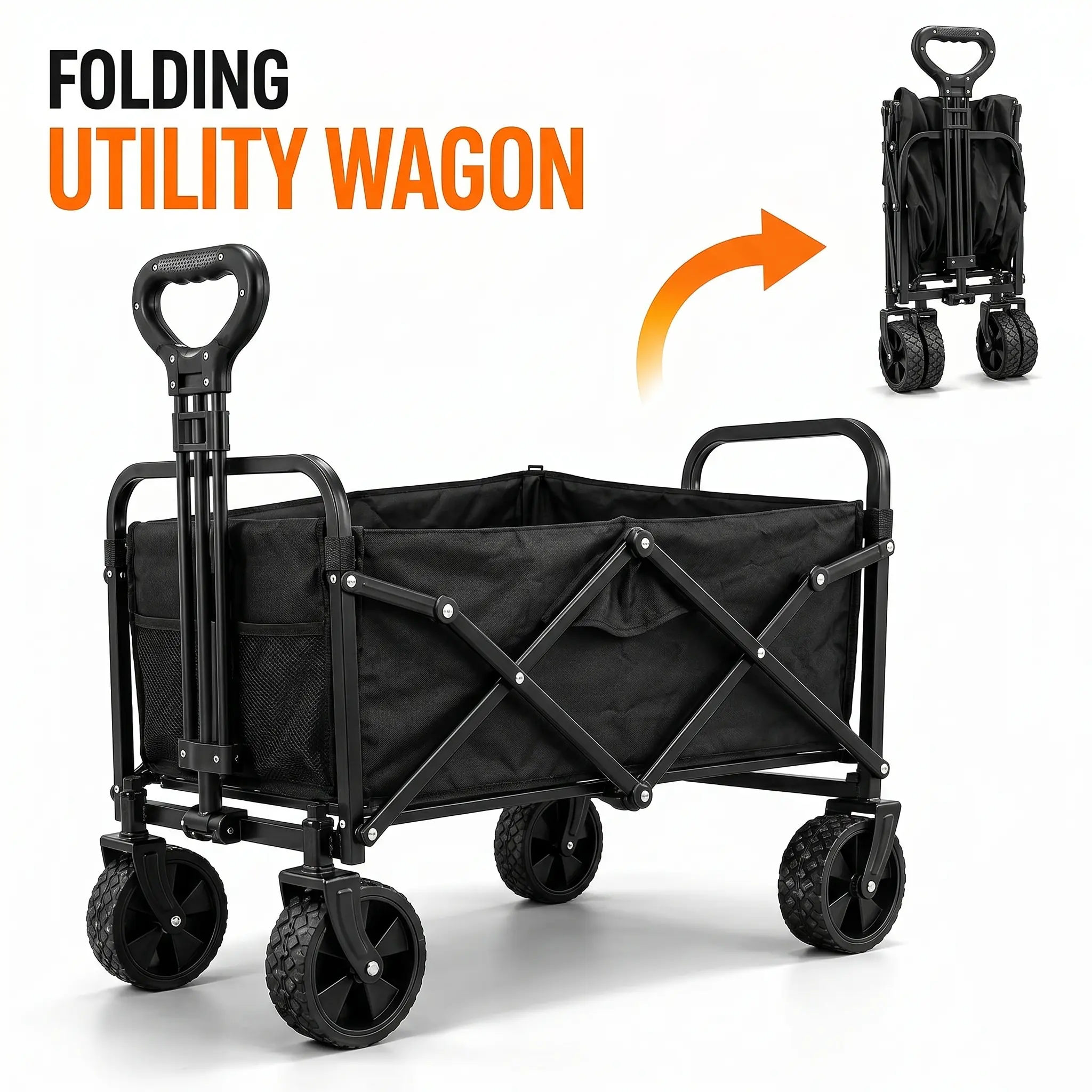 【Home Makeover Season】Collapsible Wagon with Tailgate, Wagons Carts Foldable with 350lbs Capacity, Lightweight Portable Utility Folding Wagon Cart for Shopping Camping Sports Garden（Black）
