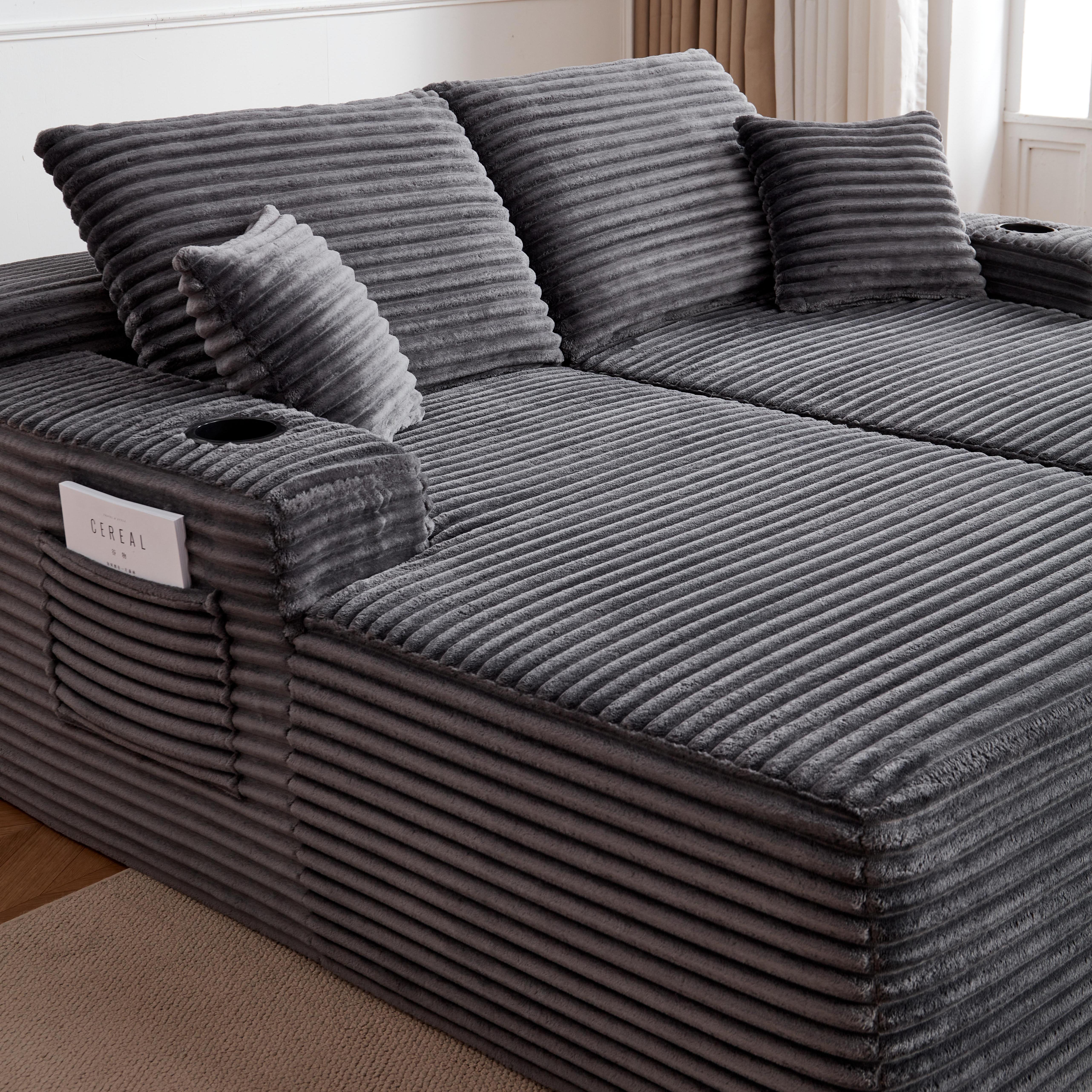 YOMSUM 69" Cloud Sectional Couch L-Shape Chaise with R-Shape Chaise Deep Seat Comfortable 2 Seater Plush Fabric Black,Chaise Lounge,No Assembly Required,Boneless Sofa Bed，With Side Pockets And Cup Holders